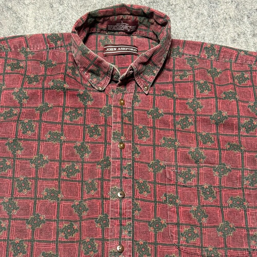 Vintage 90s John Ashford Shirt Mens Large L Medallion Paisley Grid Twill Cotton